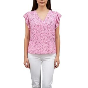 NWT On 34th Blouse Large Pink Fuchsia Floral Flutter Sleeve V Neck Lightweight